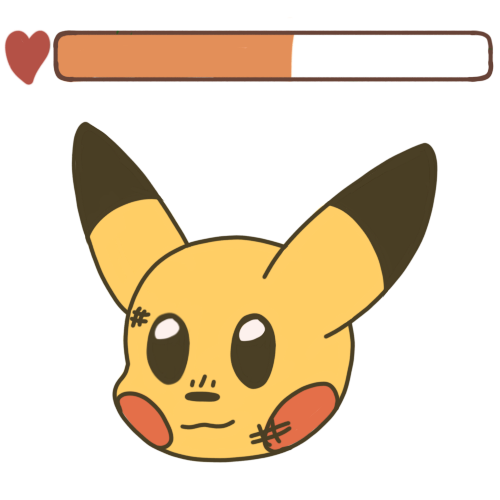  A half-full, orange health bar with a red heart to the left of the bar. Underneath is a calm pikachu face with a few crosshatches indicating injury.